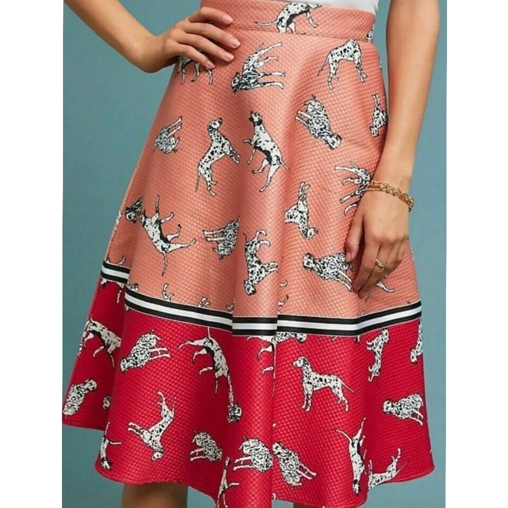 Anthro Hutch Dalmatian Rockabilly Novelty Print Pink Red A-line Midi Skirt 2‎